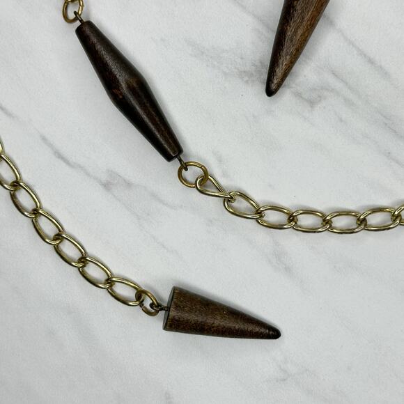 Wood Beaded Gold Tone Metal Chain Link Belt One Size (OS) ✨ - Picture 2 of 12